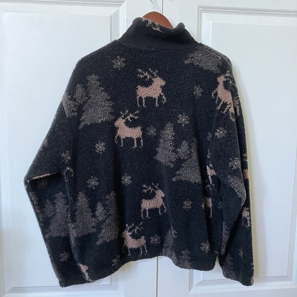 Vintage MIC Fleece Cardigan Womens Black Faux Fur Zip Holiday Reindeer Xmas - Picture 6 of 9